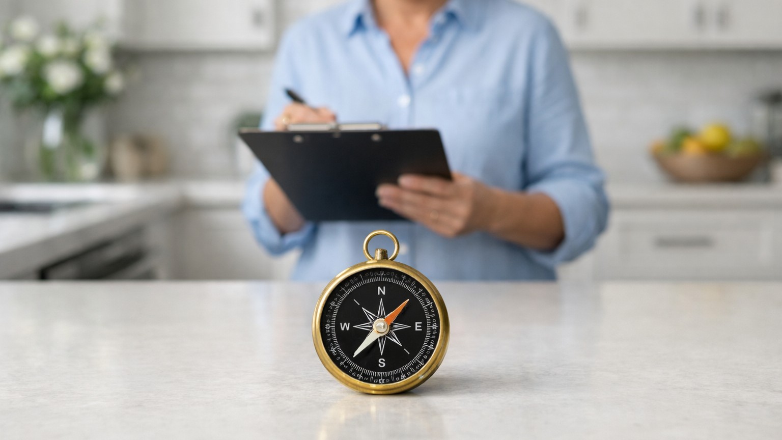 Bright, calm home interior with a compass on a kitchen counter and a homeowner reviewing a clipboard, representing clear and steady mold guidance