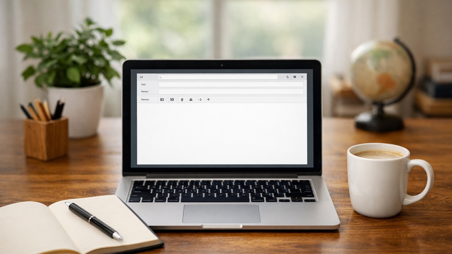Friendly home office desk with a laptop open to an email composer, a notebook, and a coffee mug, representing approachable contact and support