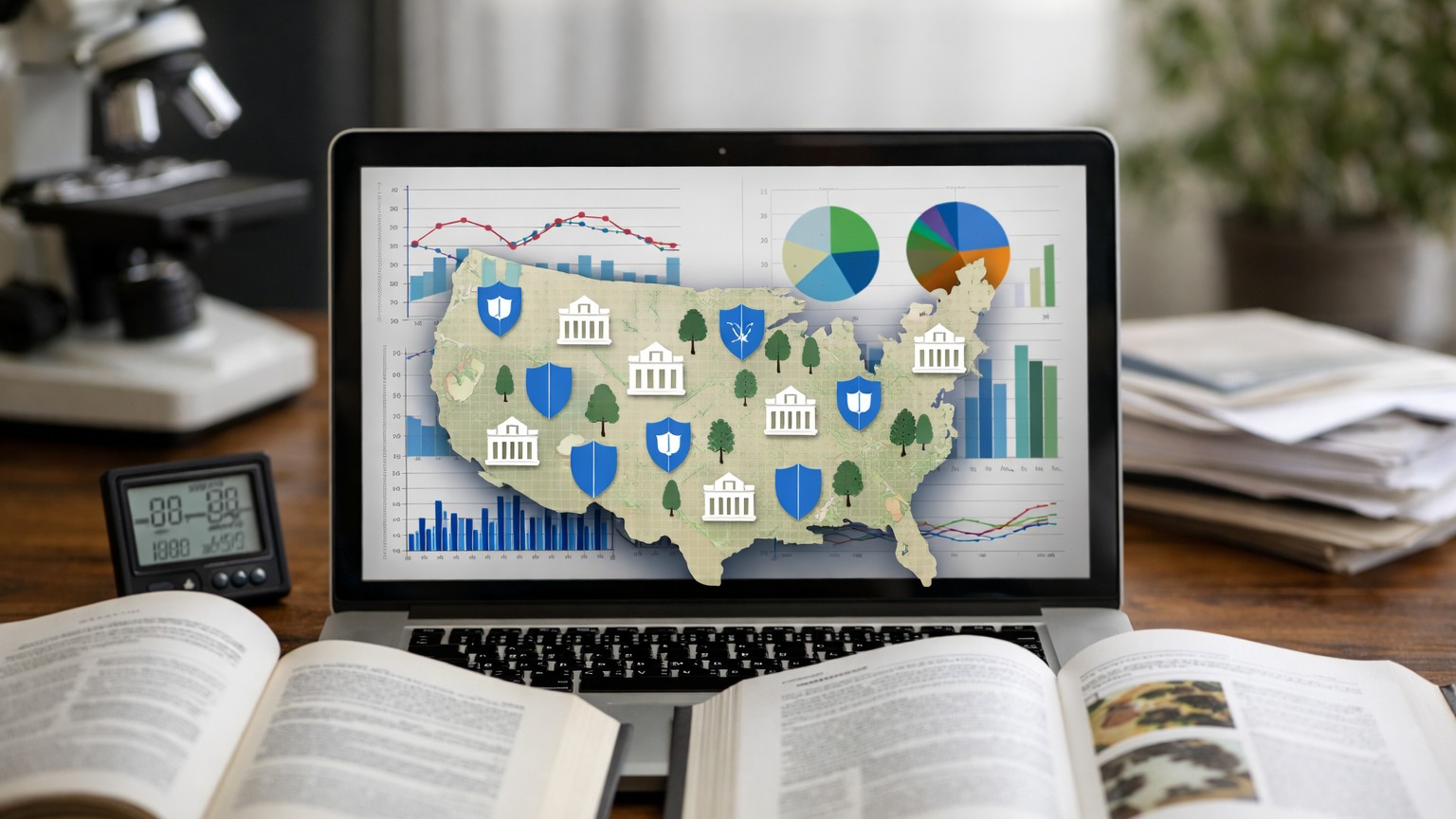 Open reference books, climate data charts on a laptop, and a US map overlay representing the public datasets and authorities behind Mold Compass guidance