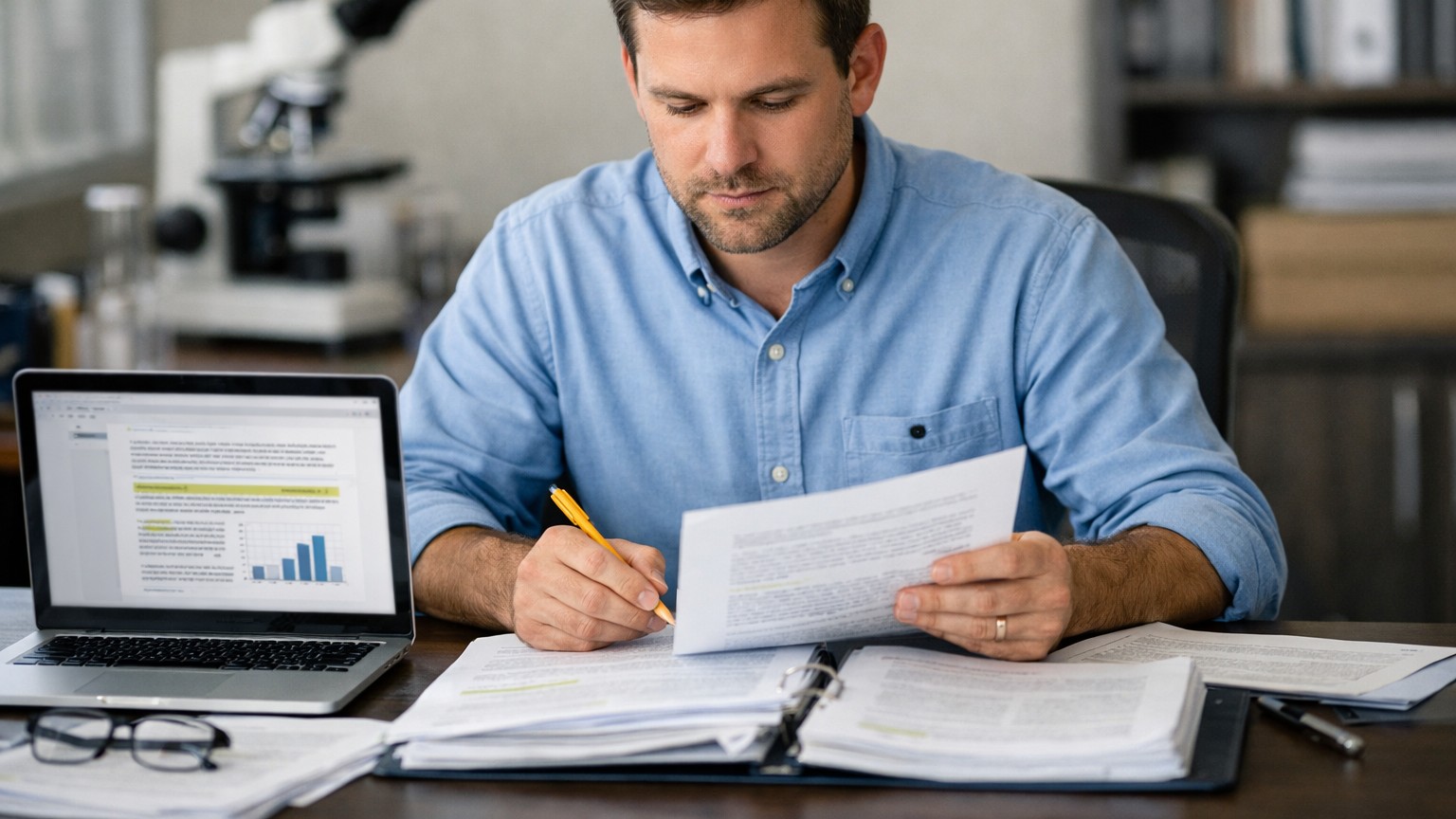 Researcher reviewing public health and remediation standards documents with a laptop and printed source notes, representing source-backed mold guidance methodology