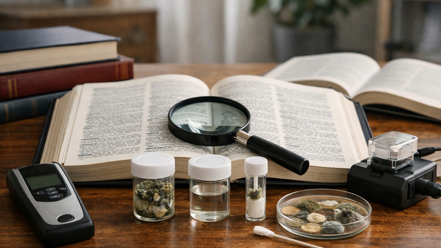 Open dictionary and reference books with mold testing tools, magnifying glass, and labeled sample jars, representing clear definitions of mold, testing, health, and remediation terms