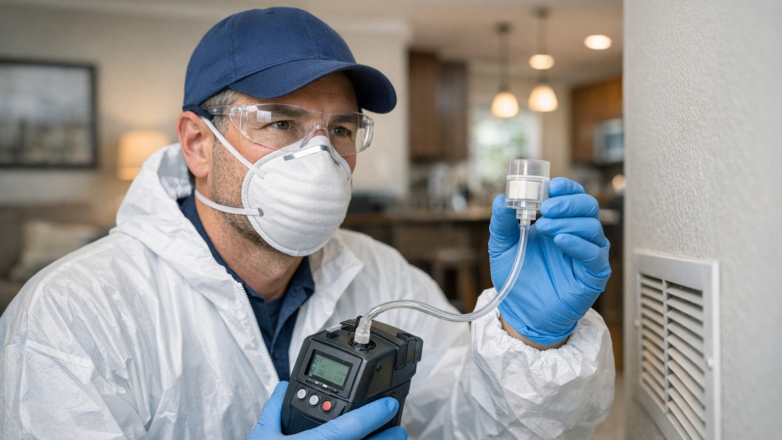 Professional conducting mold testing with air sampling equipment
