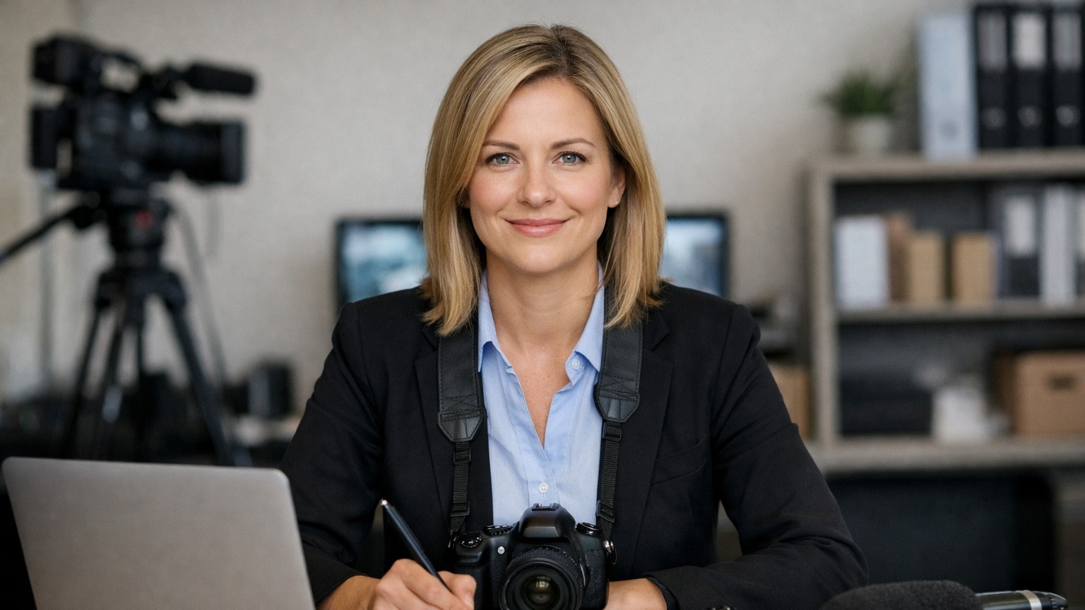 Newsroom desk with an open notebook, pen, smartphone with voice memo app, microphone, and laptop displaying a US map, representing press resources and media inquiries