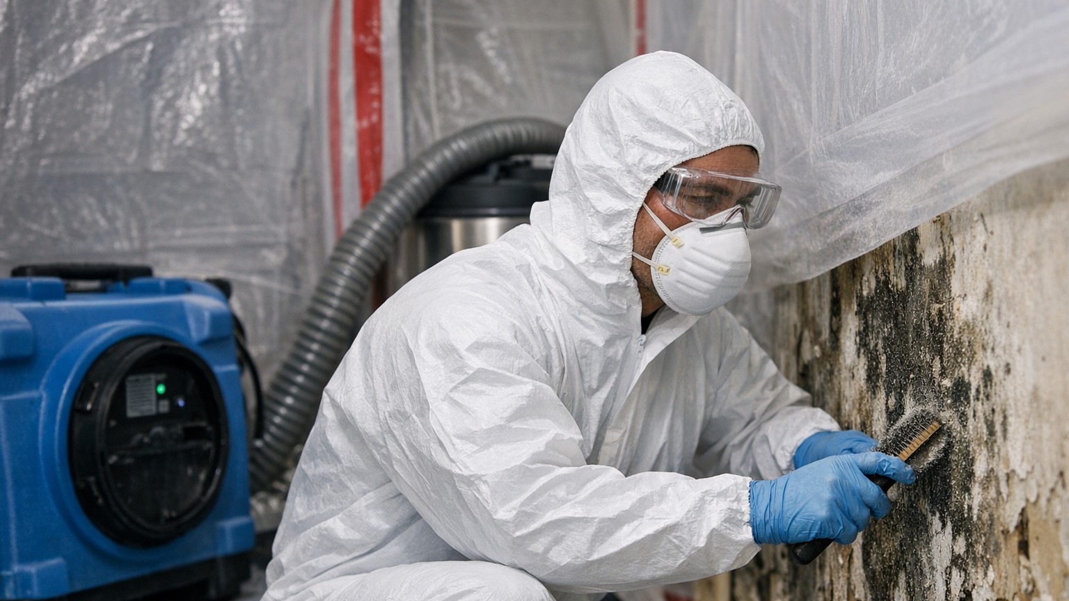 Professional mold remediation specialist in protective equipment